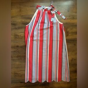Maison Jules Striped Halter Dress – Size M – Red, White & Blue, Scalloped Hem